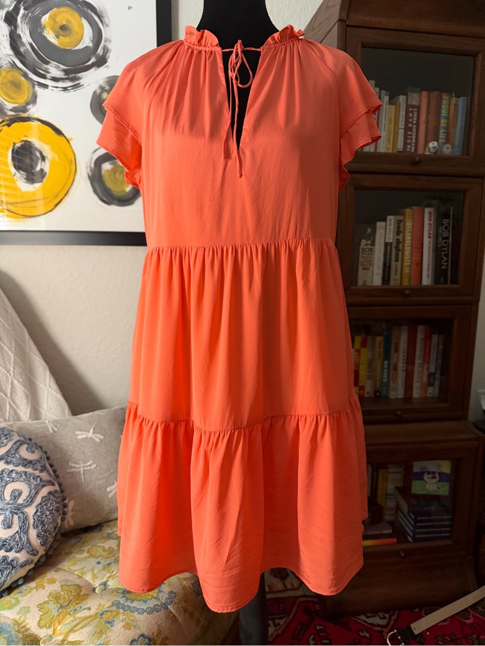 Lavender Brown Coral Orange Tiered Ruffle Mini Dress S